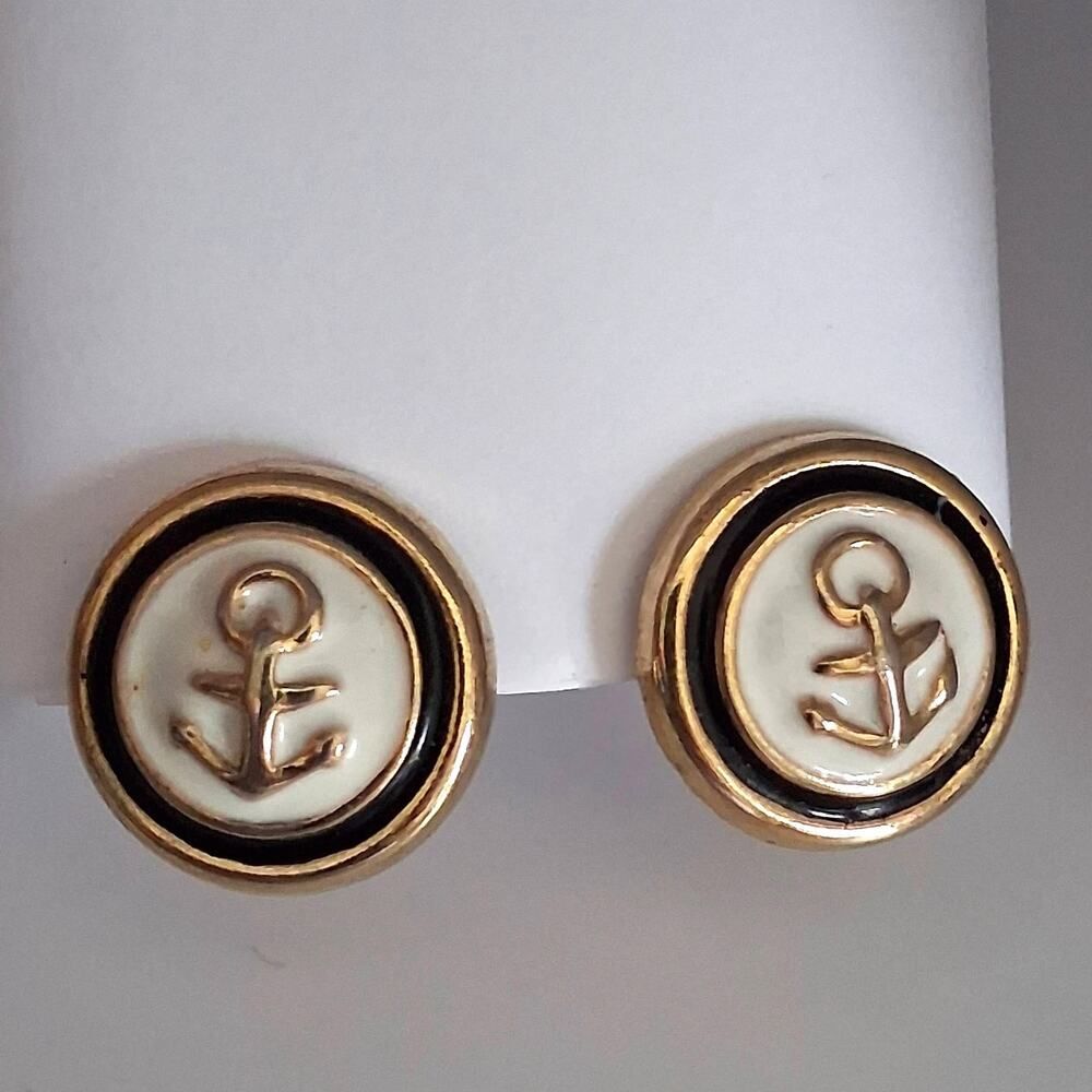 Vintage Anchor Earrings Clip On Round Pair Gold White Enamel Black Nautical